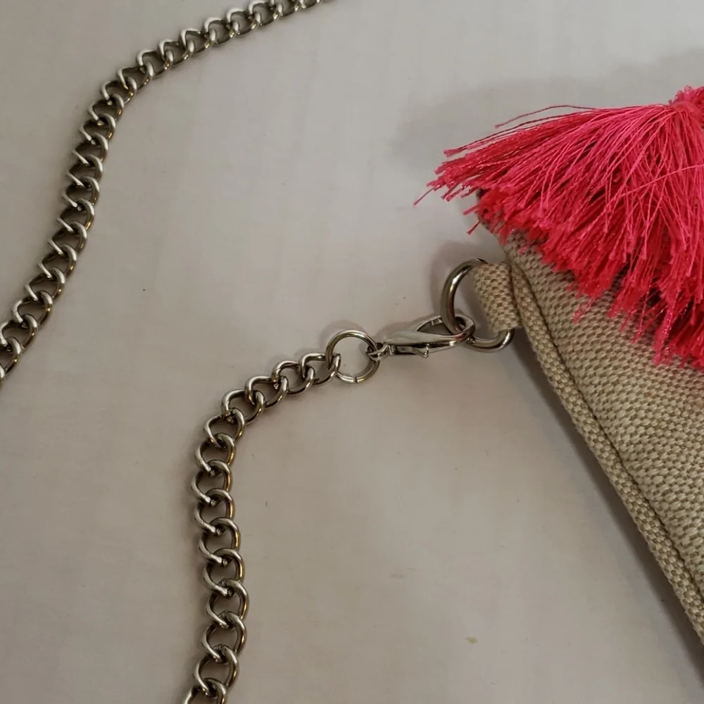 Steve Madden Daphne Clutch Tassel Trim Canvas Crossbody Silver Chain Detail NEW